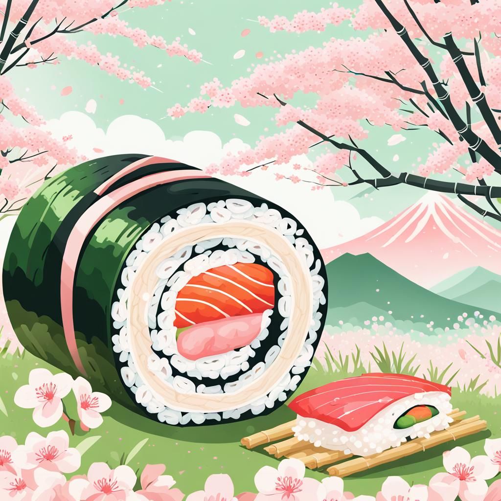 Giant Sushi Roll in Dreamy Ukiyo-e Forest