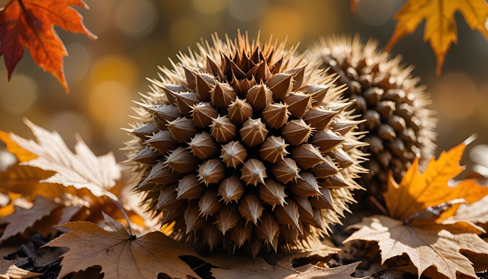 Autumnal Close-Up: Chestnut Burrs and Colorful Leaves
