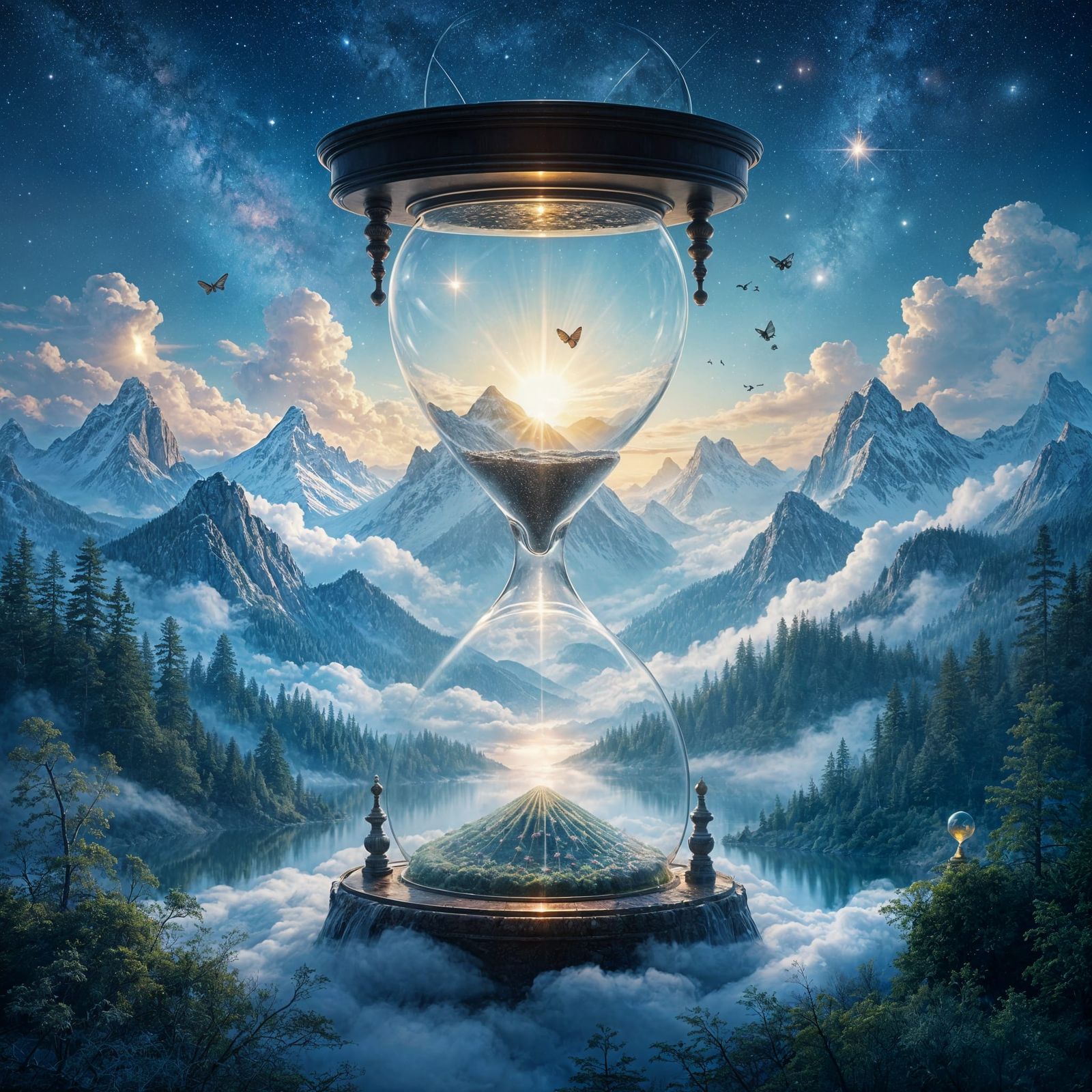 Cosmic Hourglass Mountain Landscape in Luminous Mist