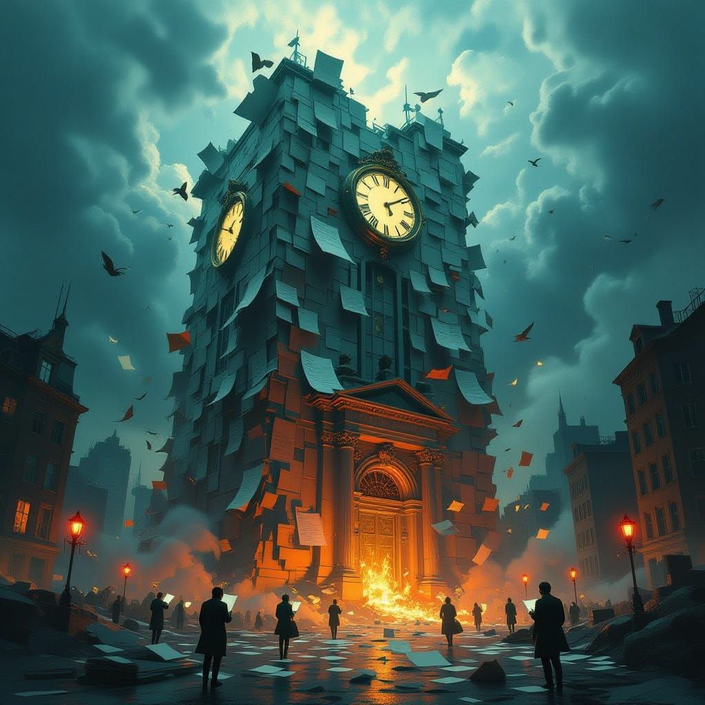 Melting Bureaucratic Building Over Crumbling City