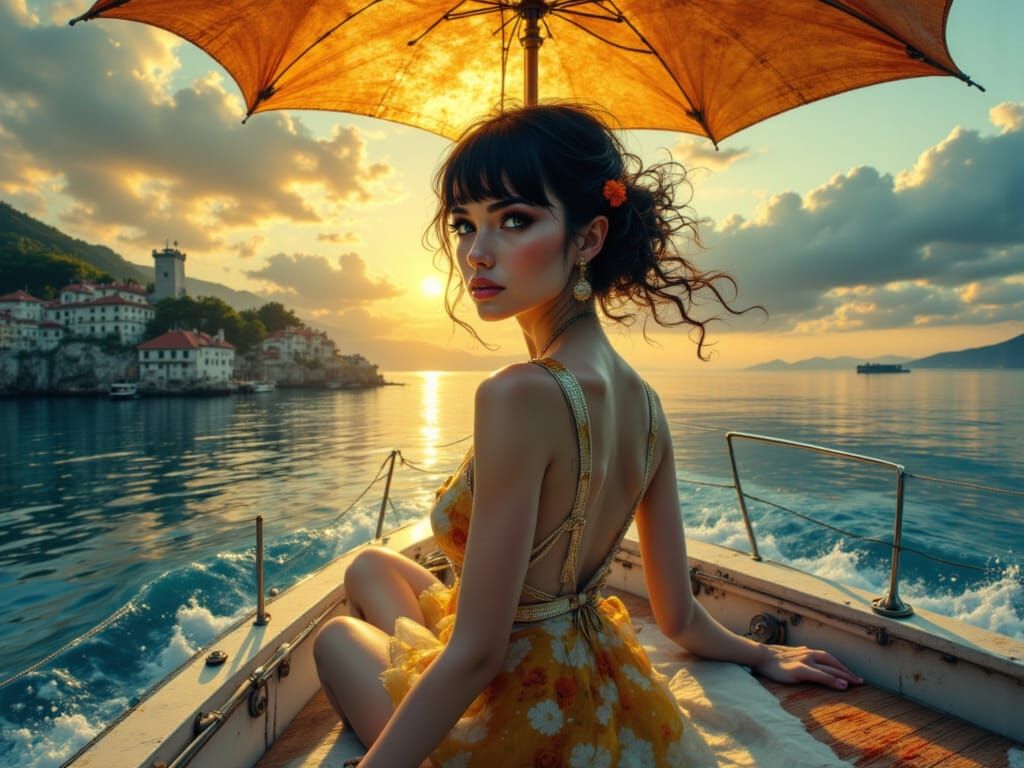 Elegant Woman on Riva Yacht off Capri in Concept Art Style