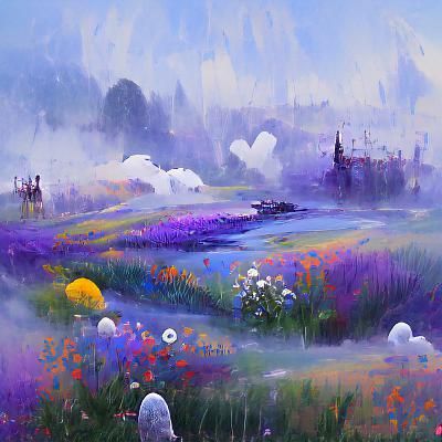 Lavender and Daisies in Morning Mist: Storybook Illustration
