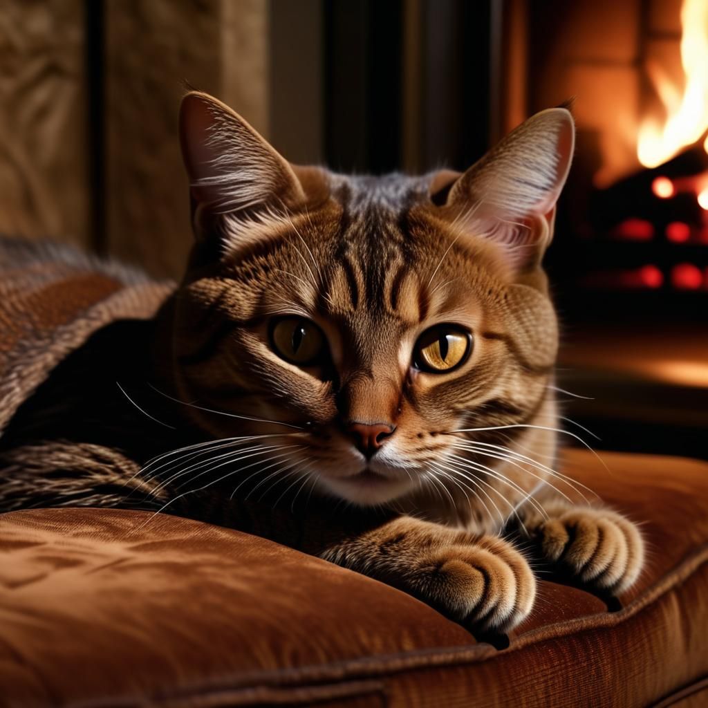 Realistic Tabby Cat Relaxing by Fireplace
