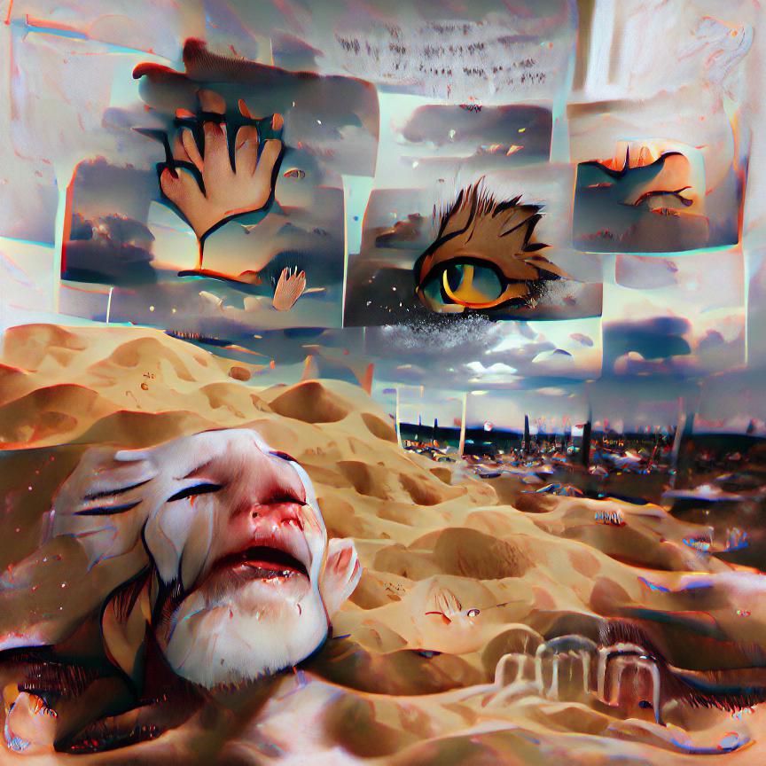 Surreal Figure with Limbs of Sand and Sky
