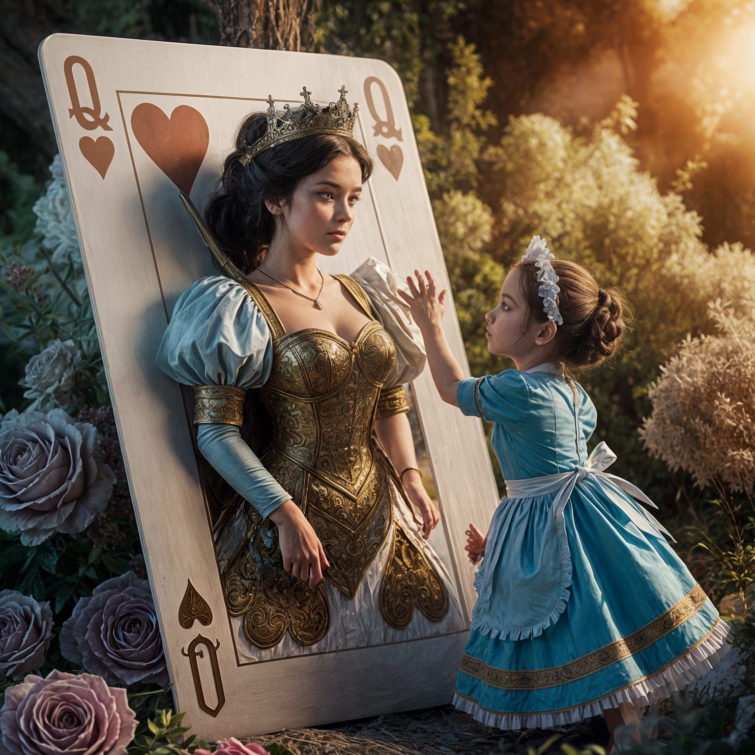 Whimsical Queen of Hearts Emerges from Unfolding Playing Car...