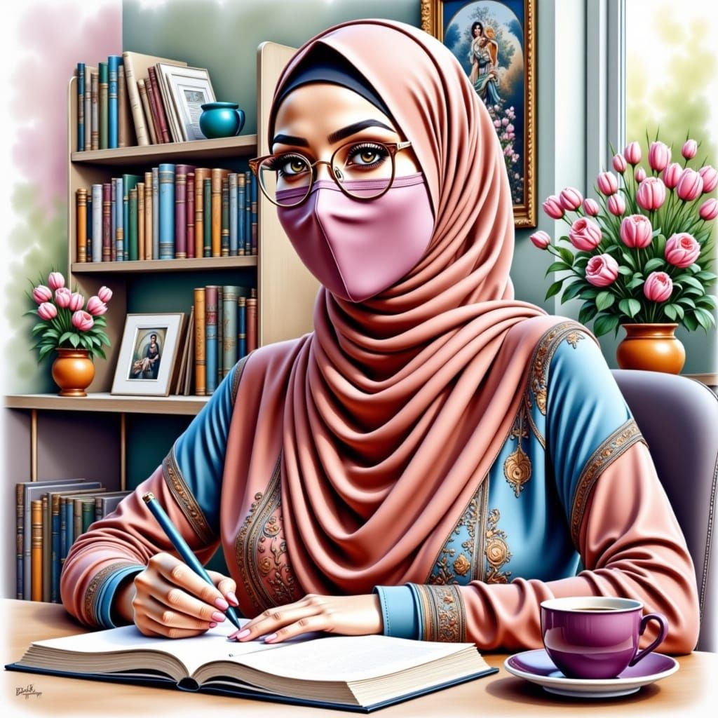 Hijabi Woman at Desk in Color Pencil Style