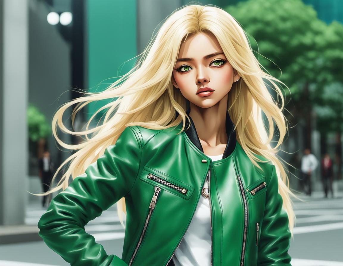 Anime-Style Latina in Green Jacket, Tokyo Aesthetic