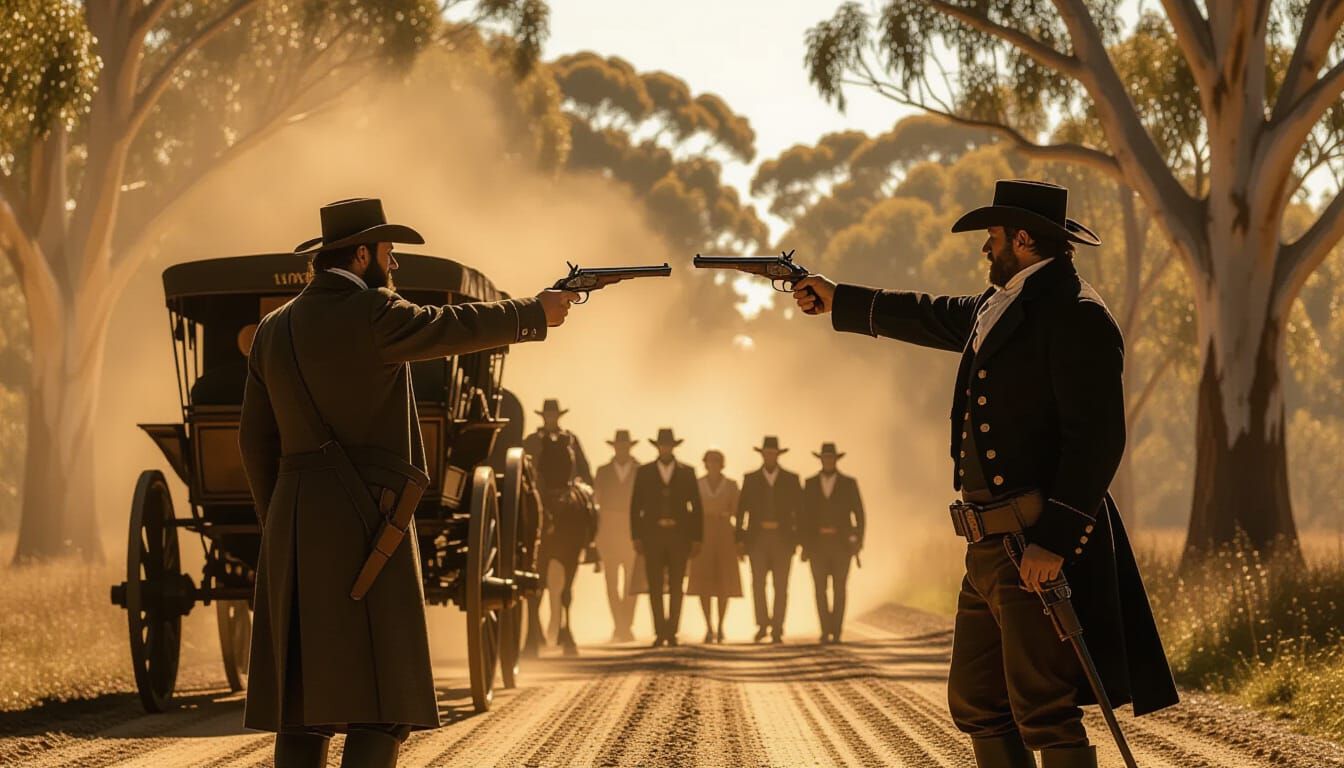 Australian Bushranger Confronts Pioneers on Dusty Road