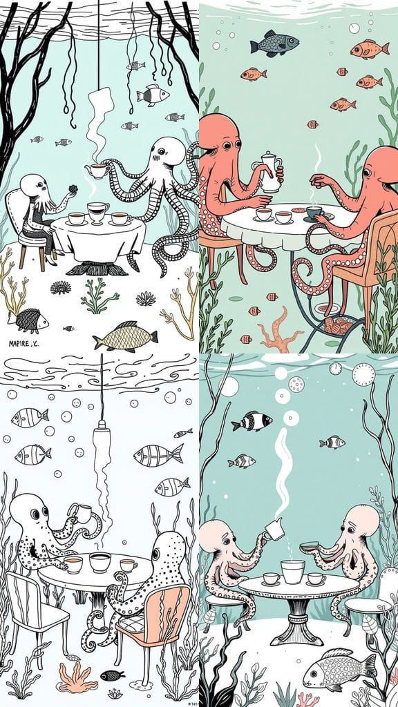 Underwater Tea Party with Octopuses in Flat Style