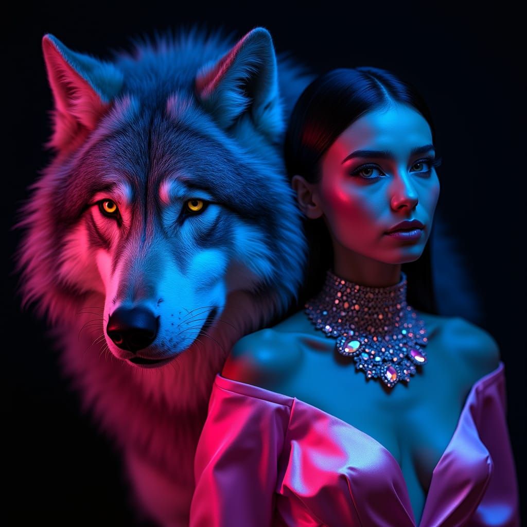 Ethereal Wolf Goddess in Cyberpunk Neon