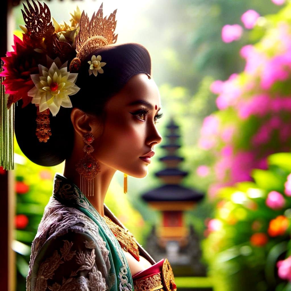 Regal Empress in Balinese Costume Amidst Blooming Garden