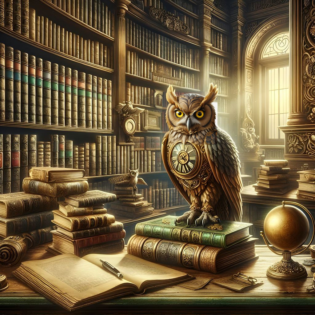 An owl is sitting on books.