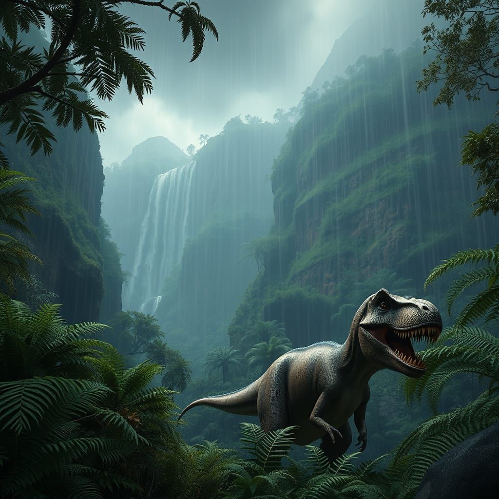 Prehistoric Forest Scene with Tyrannosaurus Rex in Rain