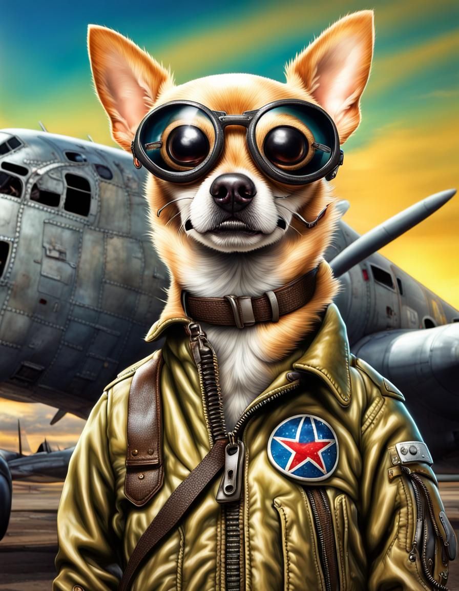 Cool Chihuahua in Flak Jacket Beside B-17 Bomber