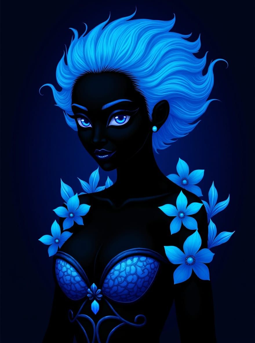 Black Mermaid with Blue Hair and Opal Petals