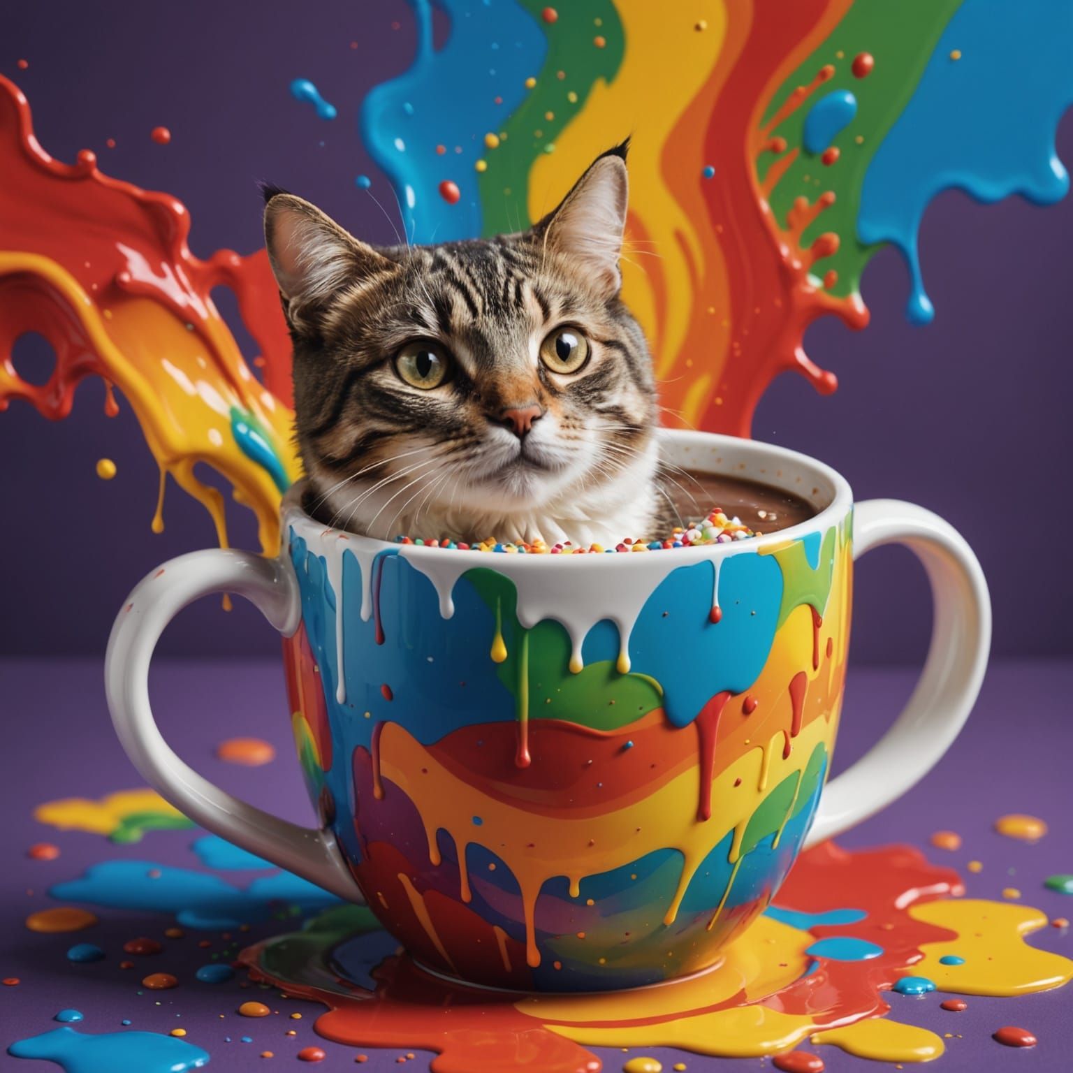 Vibrant Feline Emerges from Splashing Hot Cocoa Mugs in Dram...
