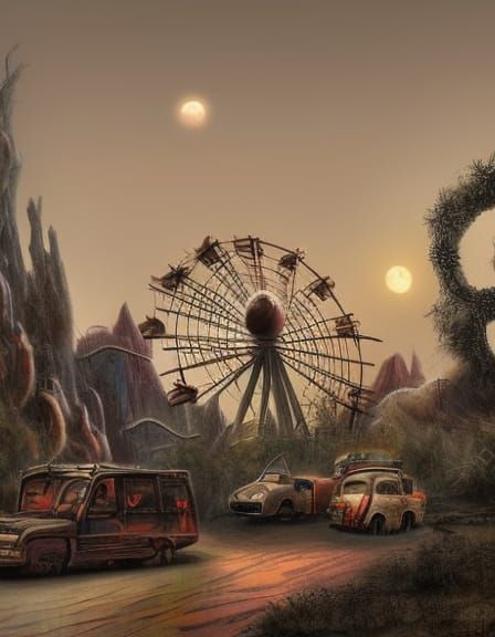 Post-Apocalyptic Disneyland Entrance with Glowing Moon