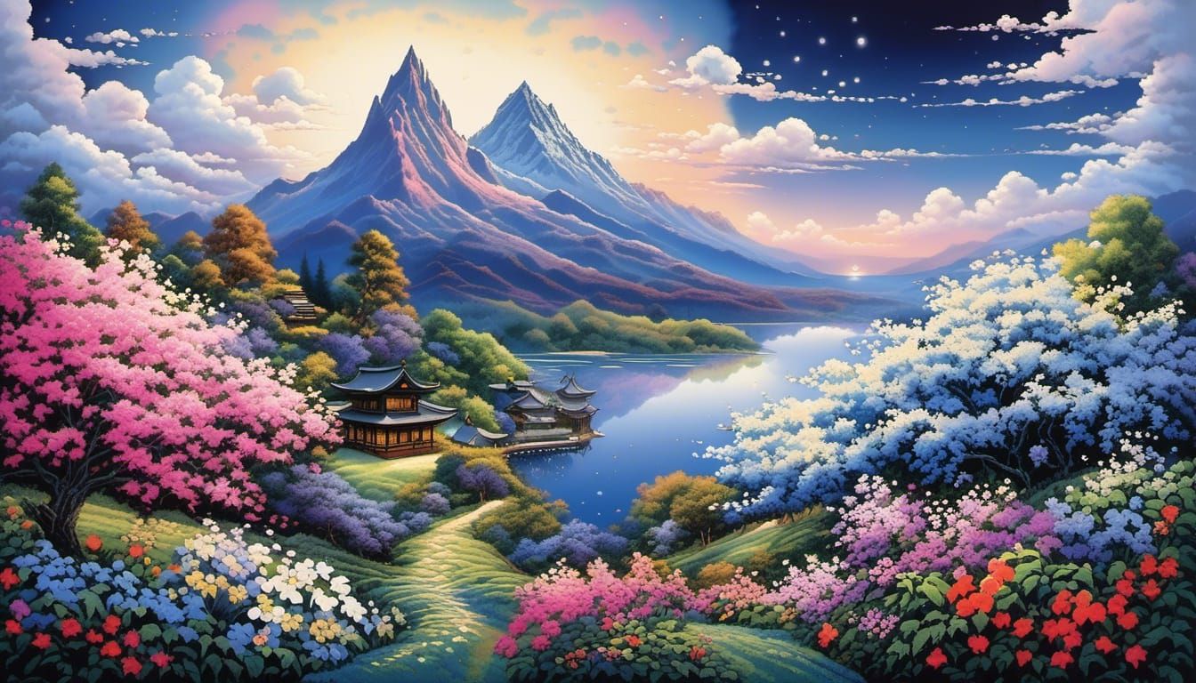 Zen Japanese Ink Wash Painting of Wisteria