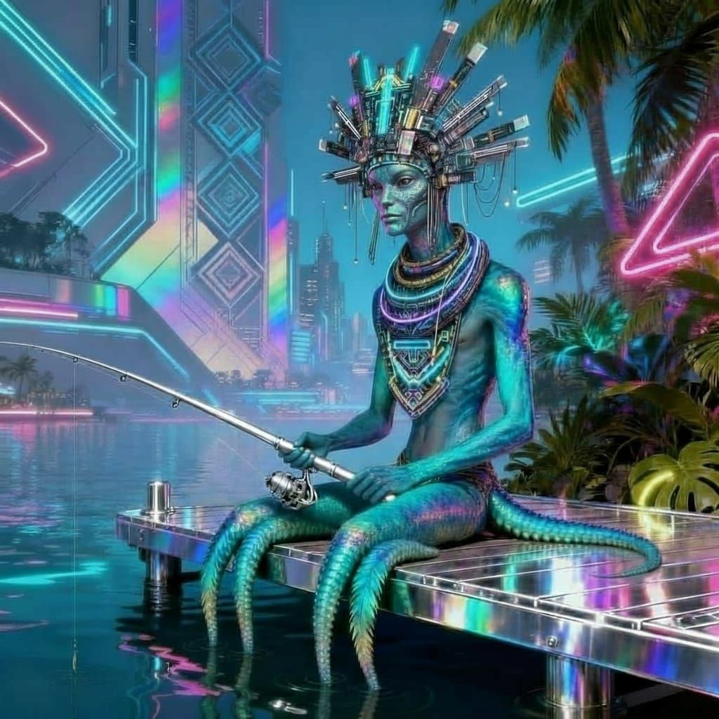 Alien Angler on Metallic Dock in Neon Jungle