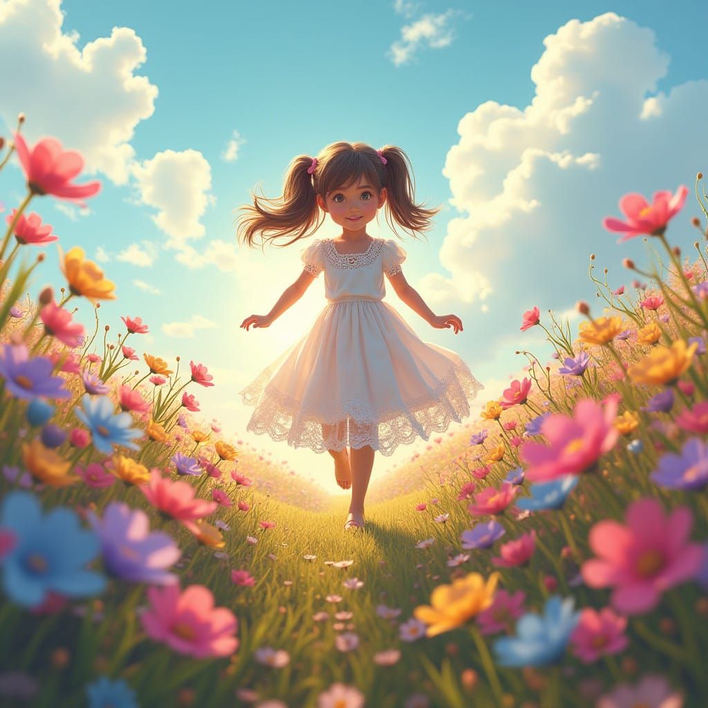 Little Girl Runs in Vibrant Flower Field