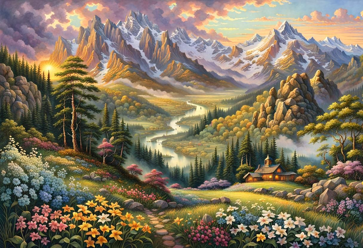 Majestic Spring Mountain Landscape: Vintage Watercolor Art