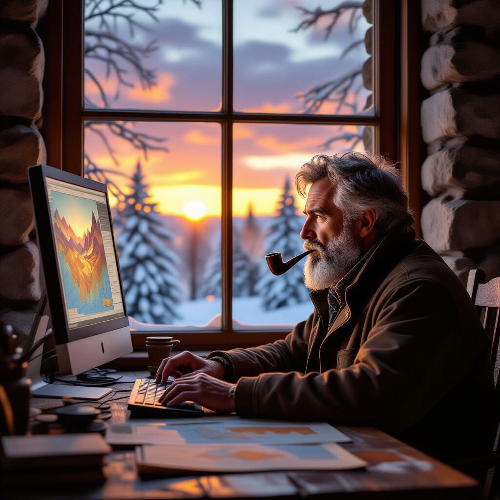 Geologist Studying Maps at Sunset Desk