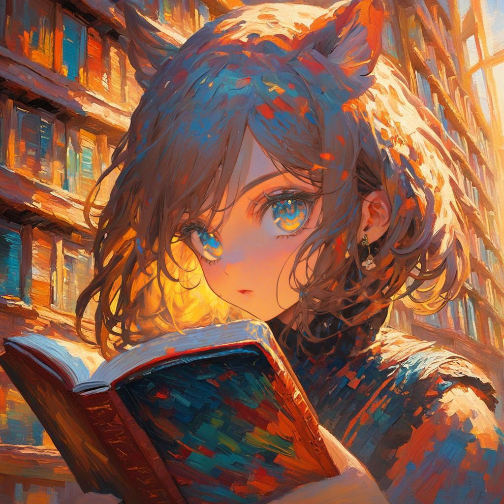 A Kemono Girl in Victorian Attire, Lost in a Book, with Expr...