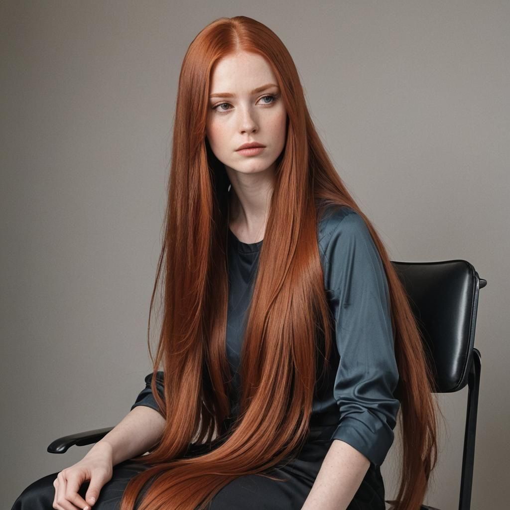 A girl with very long red hair hanging down into her lap
