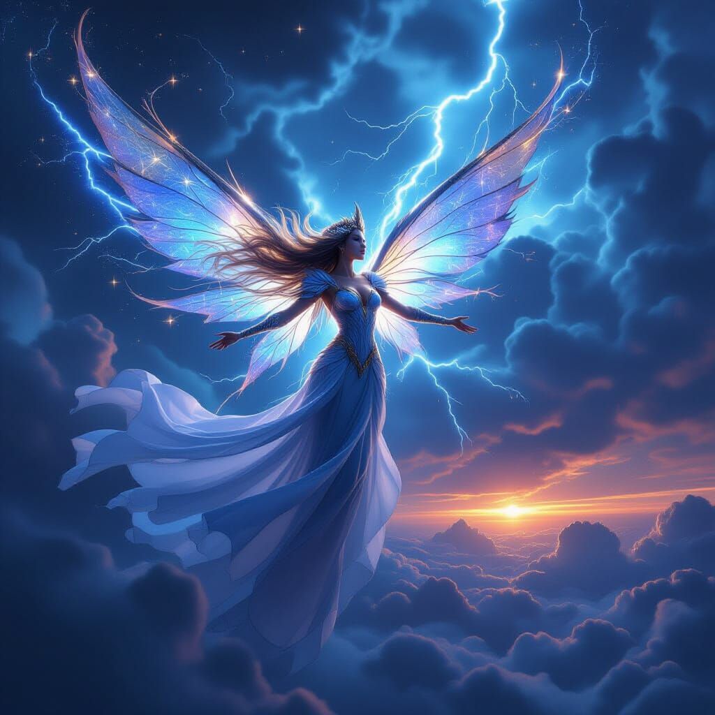 Fairy Queen Soars Above Storm Clouds in Cinematic Style
