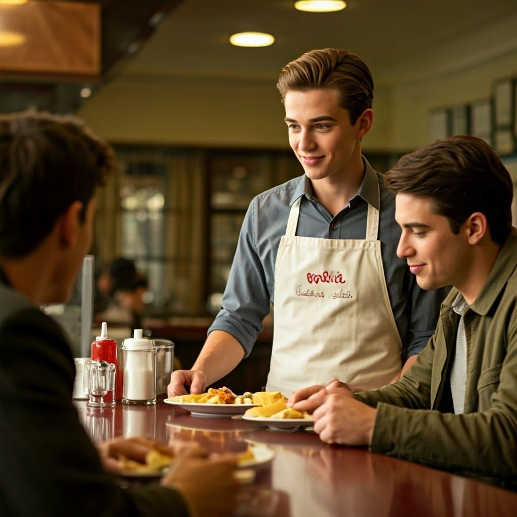 Charming Waiter Serves Friends at Retro Lunch Counter