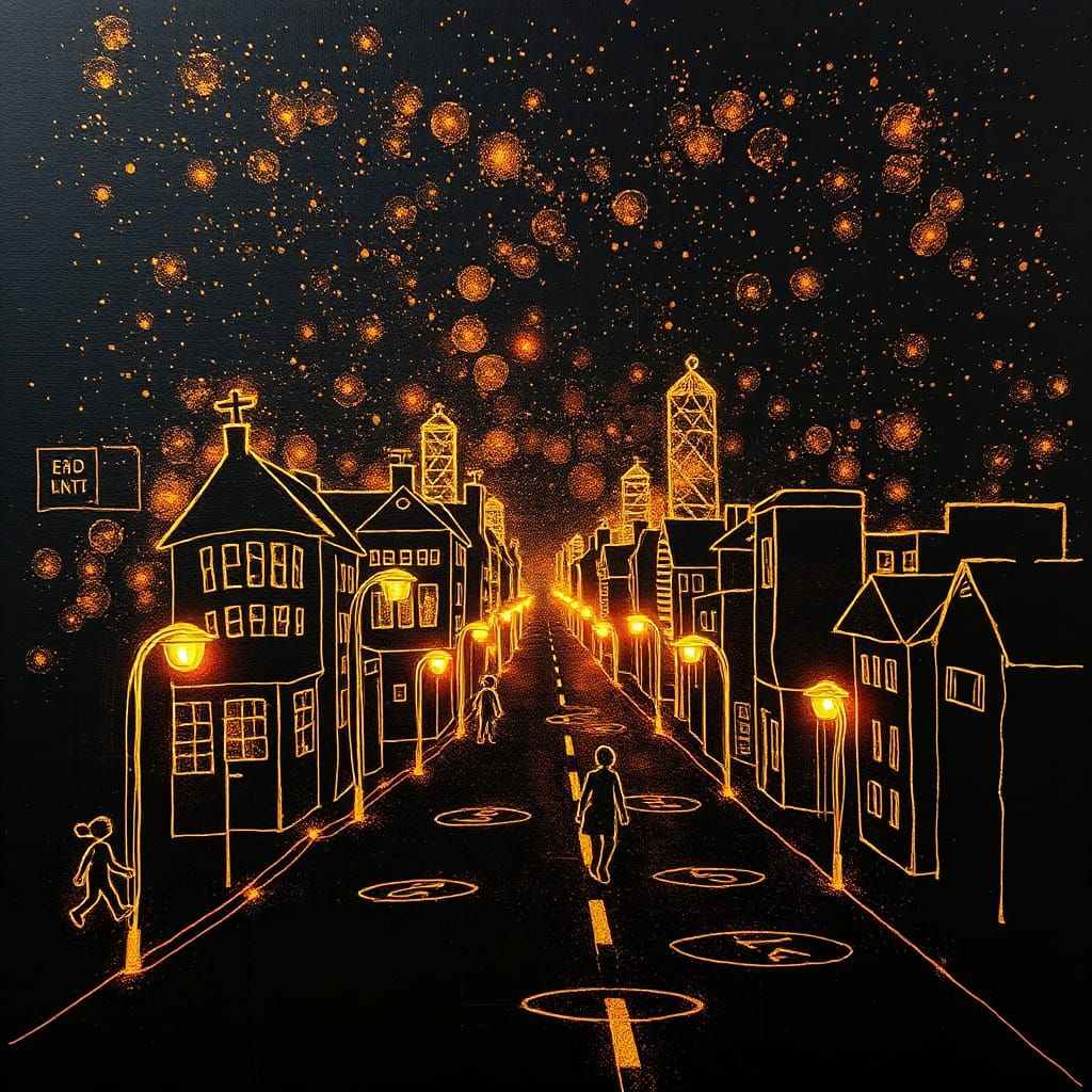 Bioluminescent Gold Wire City at Night