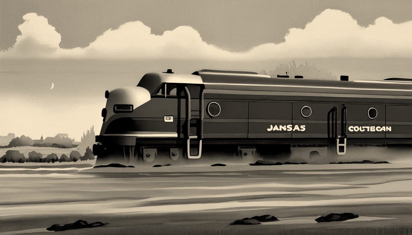 Vintage Train Crossing the Kansas Plains in Art Deco Style