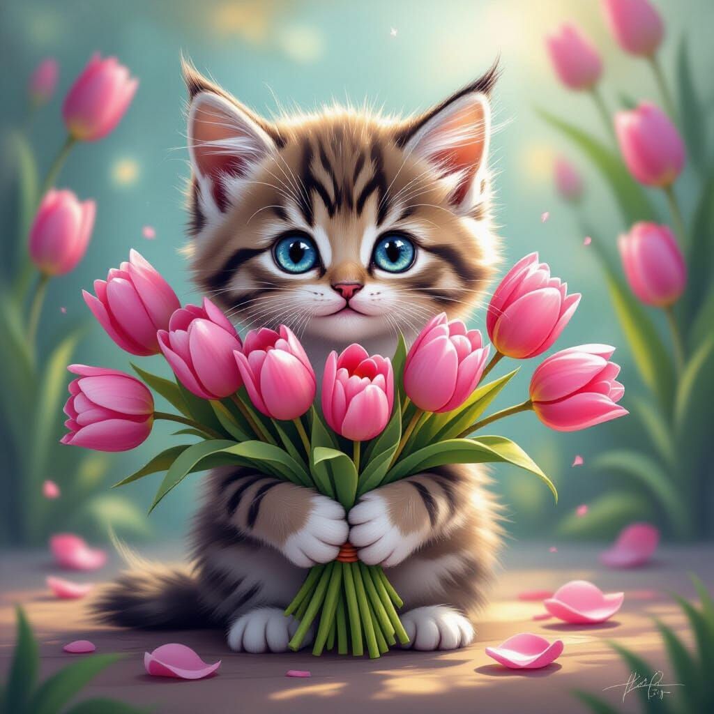 Cute Kitten Holding Pink Tulips in Neo-Impressionist Style