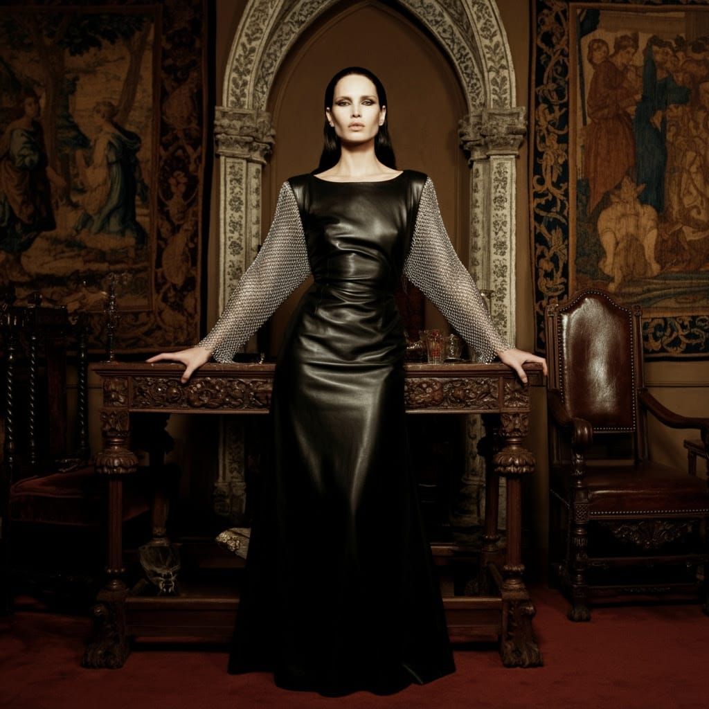Medieval Elegance in Black Leather and Silver Chainmail