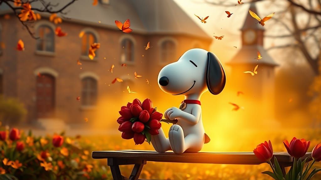 Snoopy in Autumn Fog with Tulips
