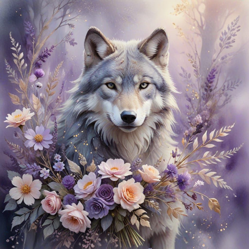 Whimsical Gray Wolf in Enchanting Floral Wonderland