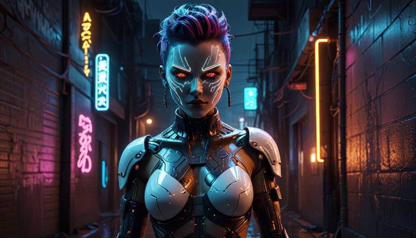 Cyberpunk Gynoid with Neon Lights in Dark Alley