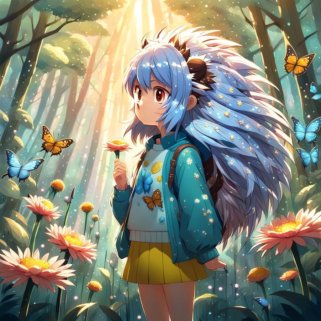 Hedgehog Girl in Blooming Forest: Anime Concept Art