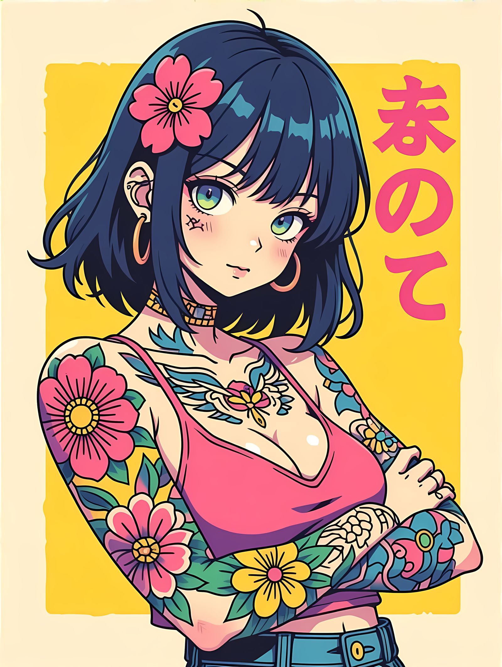 Anime-Inspired Graphic Illustration with Vibrant Pink and Ye...