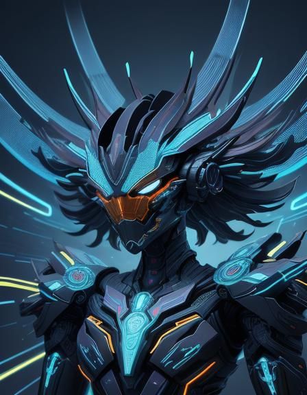 Fiery Bearded Robot in Futuristic Fractal City