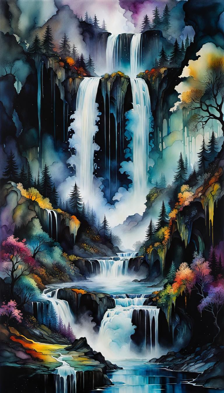 Dark Magical Waterfallscape in Alcohol-Ink Style