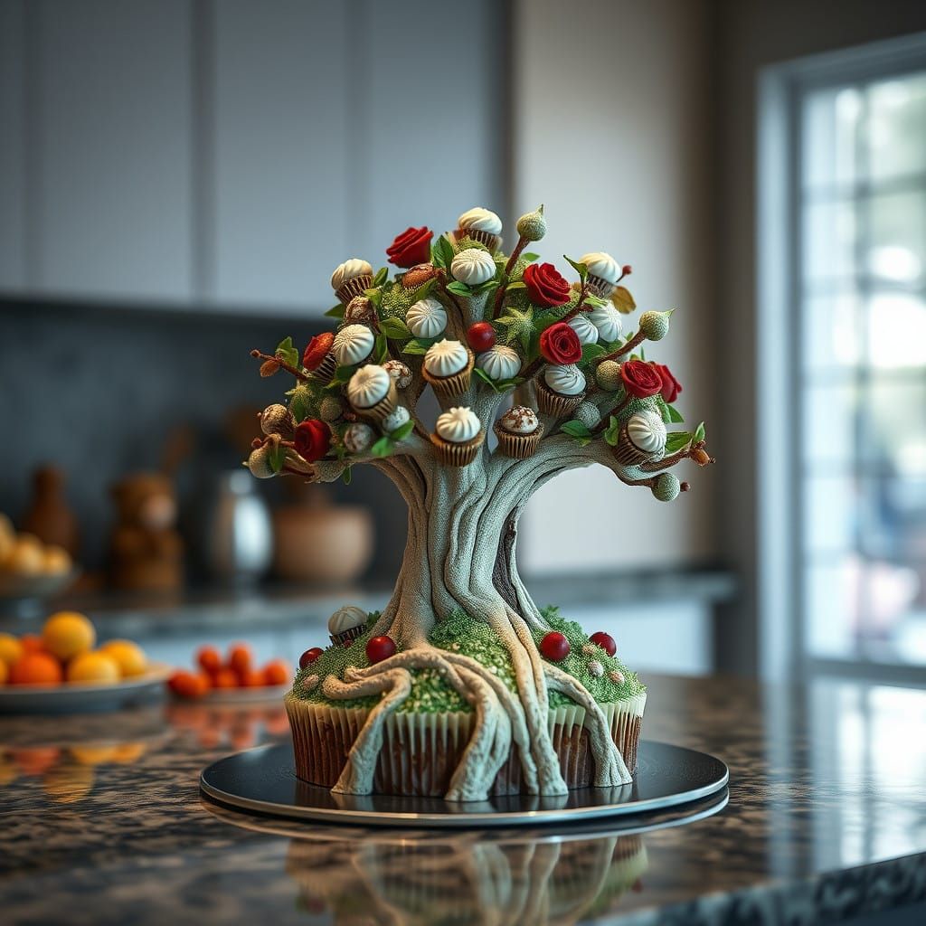 Hyperrealistic Tree-Shaped Cupcake Cake in HDR