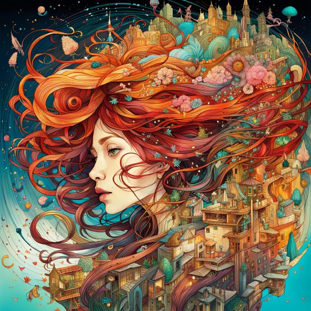 Abstract Swirling Hair Portrait in Digital Art Style