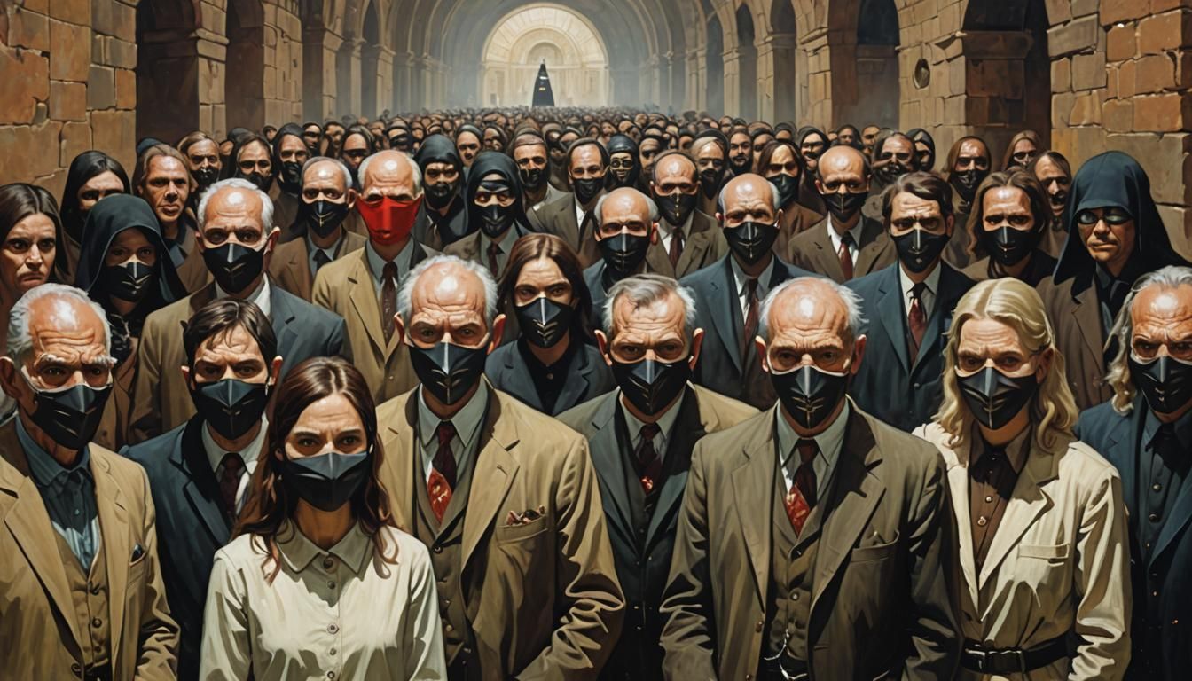 Masked Figures in Secret Society, Oil Painting