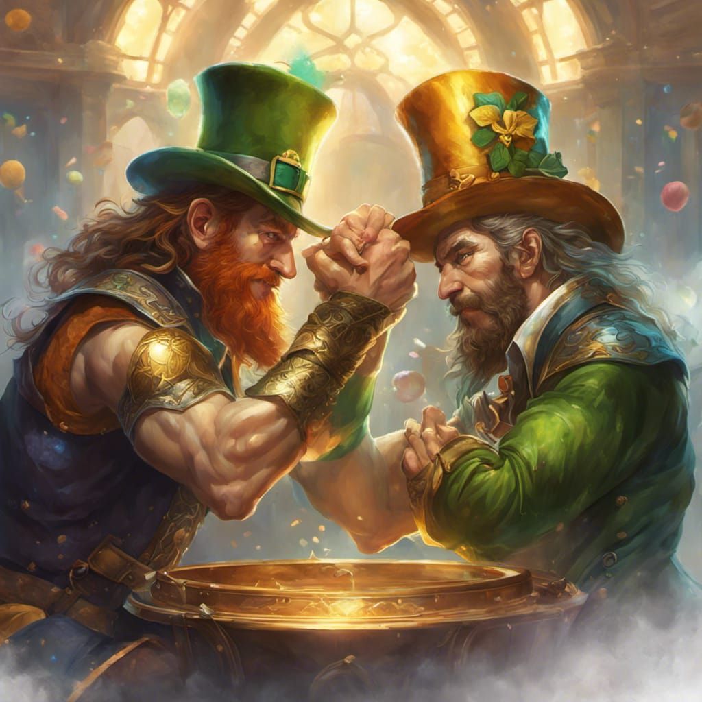 Leprechaun Arm Wrestling with Pot of Gold, Digital Art