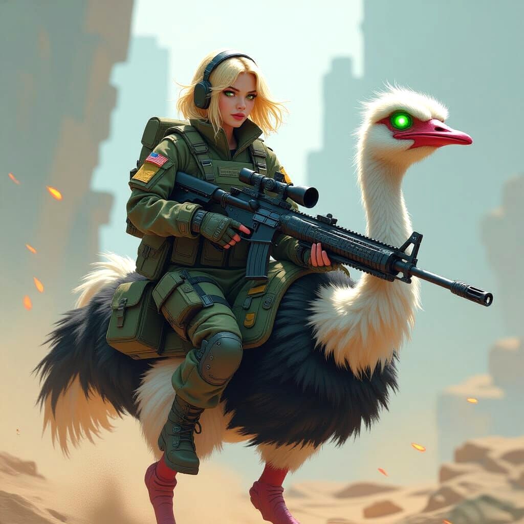 Gamer Girl Riding Robotic Ostrich Mech