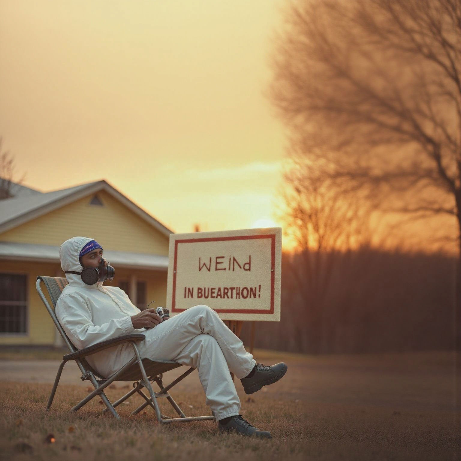Hazmat Suited Sprayer Relaxing at Sunset