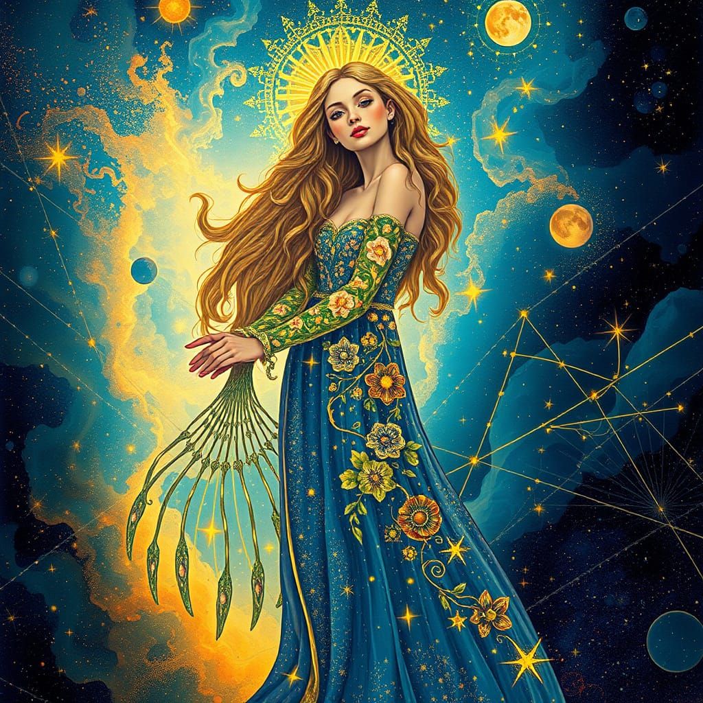 Ethereal Goddess Blodeuwedd Shines Among Cosmic Dust and Anc...