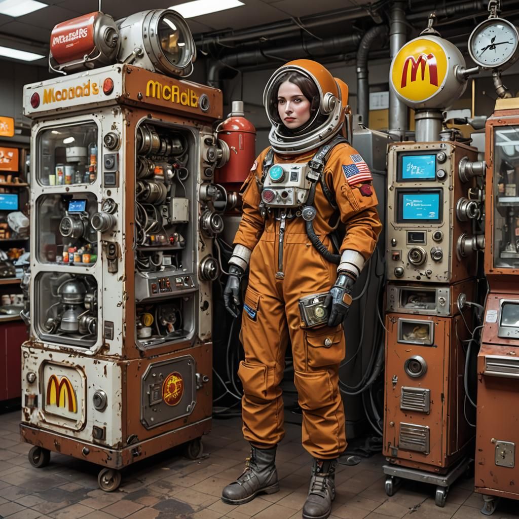 Steampunk Cosmonaut on Sphinx in Surreal Landscape