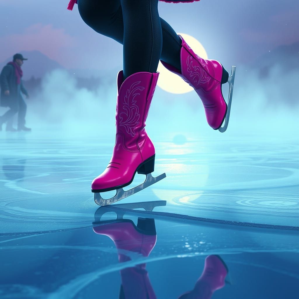 Woman in Pink Cowboy Boot Ice Skates on a Moonlit Ice Rink